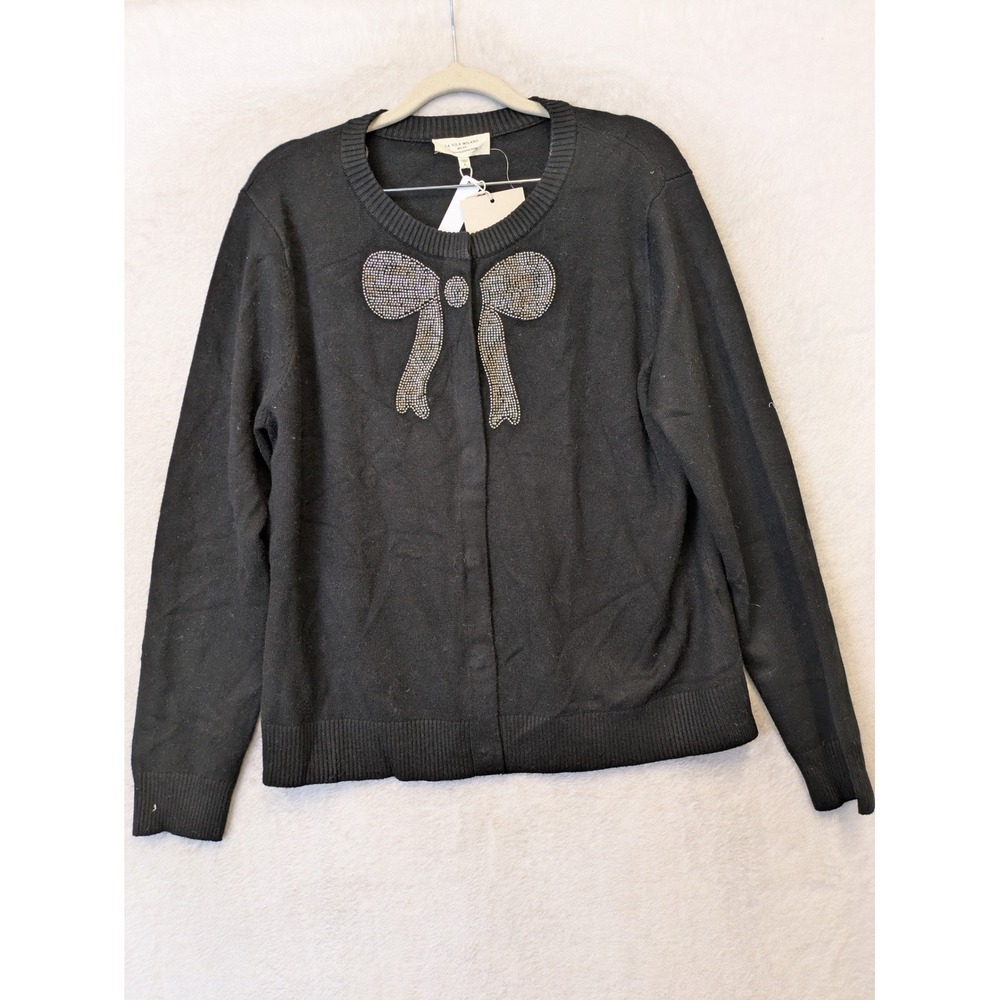 NEW La‎ Vila Milano Cardigan Women's L Black Rhinestone Bow